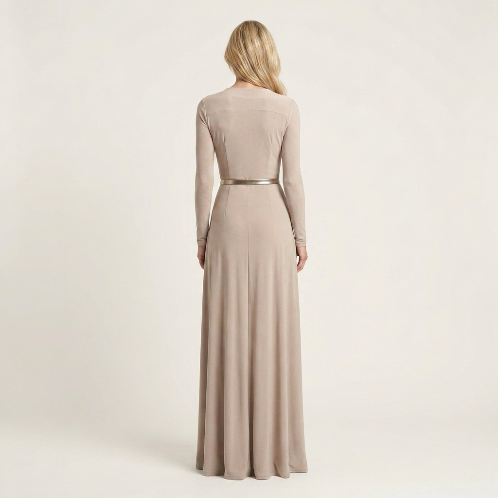 Raina | Deep V-Neck Long-Sleeve Ruched-Waist Belted Maxi Dress