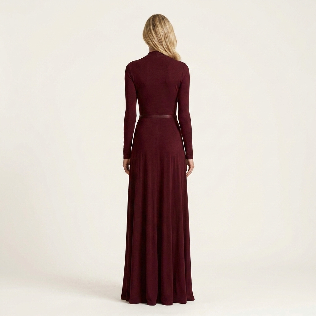 Raina | Deep V-Neck Long-Sleeve Ruched-Waist Belted Maxi Dress