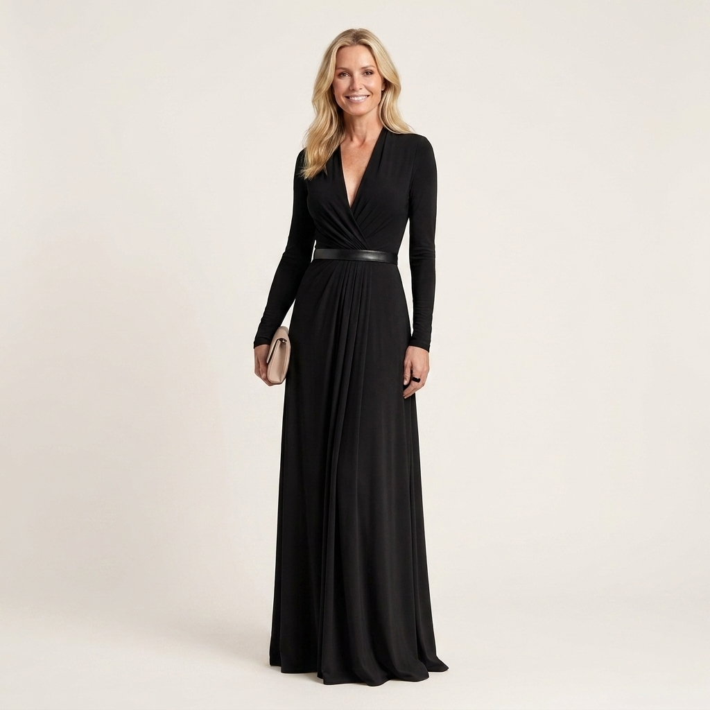 Raina | Deep V-Neck Long-Sleeve Ruched-Waist Belted Maxi Dress