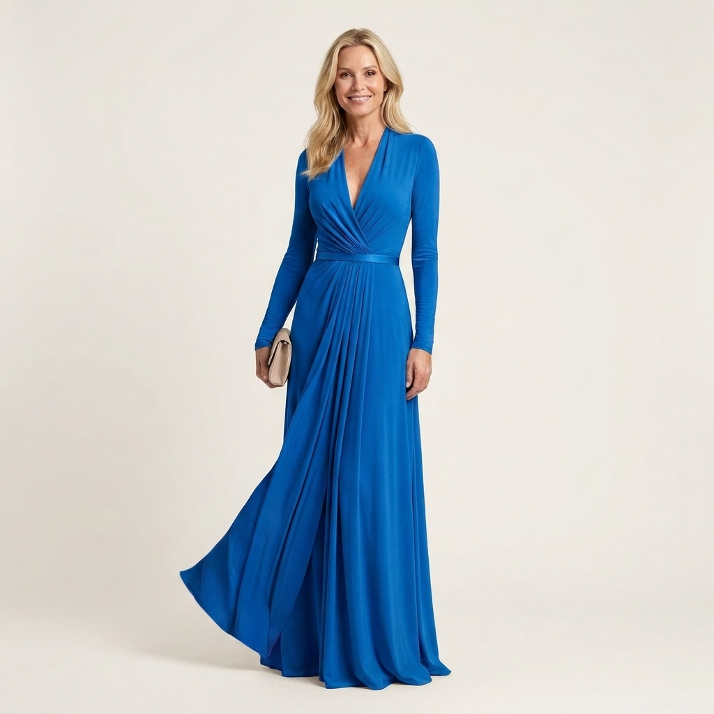 Raina | Deep V-Neck Long-Sleeve Ruched-Waist Belted Maxi Dress