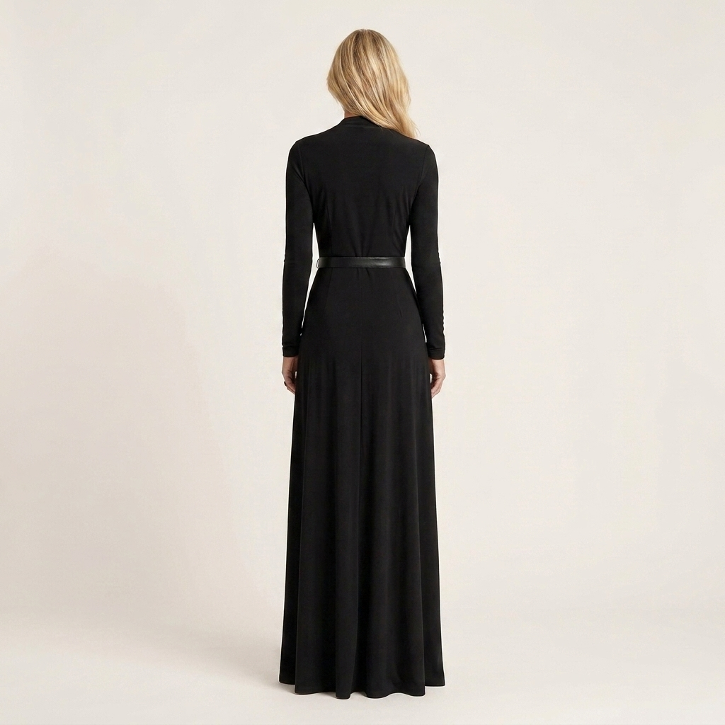 Raina | Deep V-Neck Long-Sleeve Ruched-Waist Belted Maxi Dress