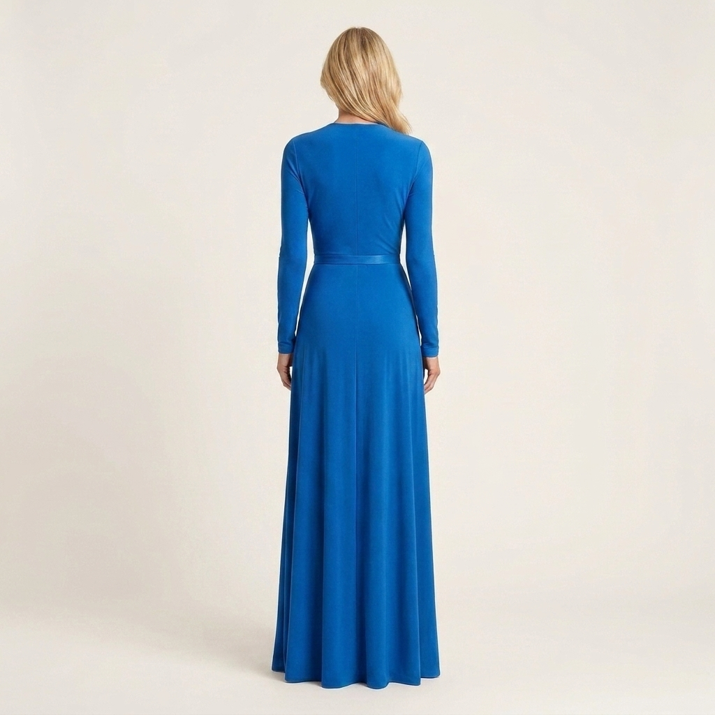 Raina | Deep V-Neck Long-Sleeve Ruched-Waist Belted Maxi Dress