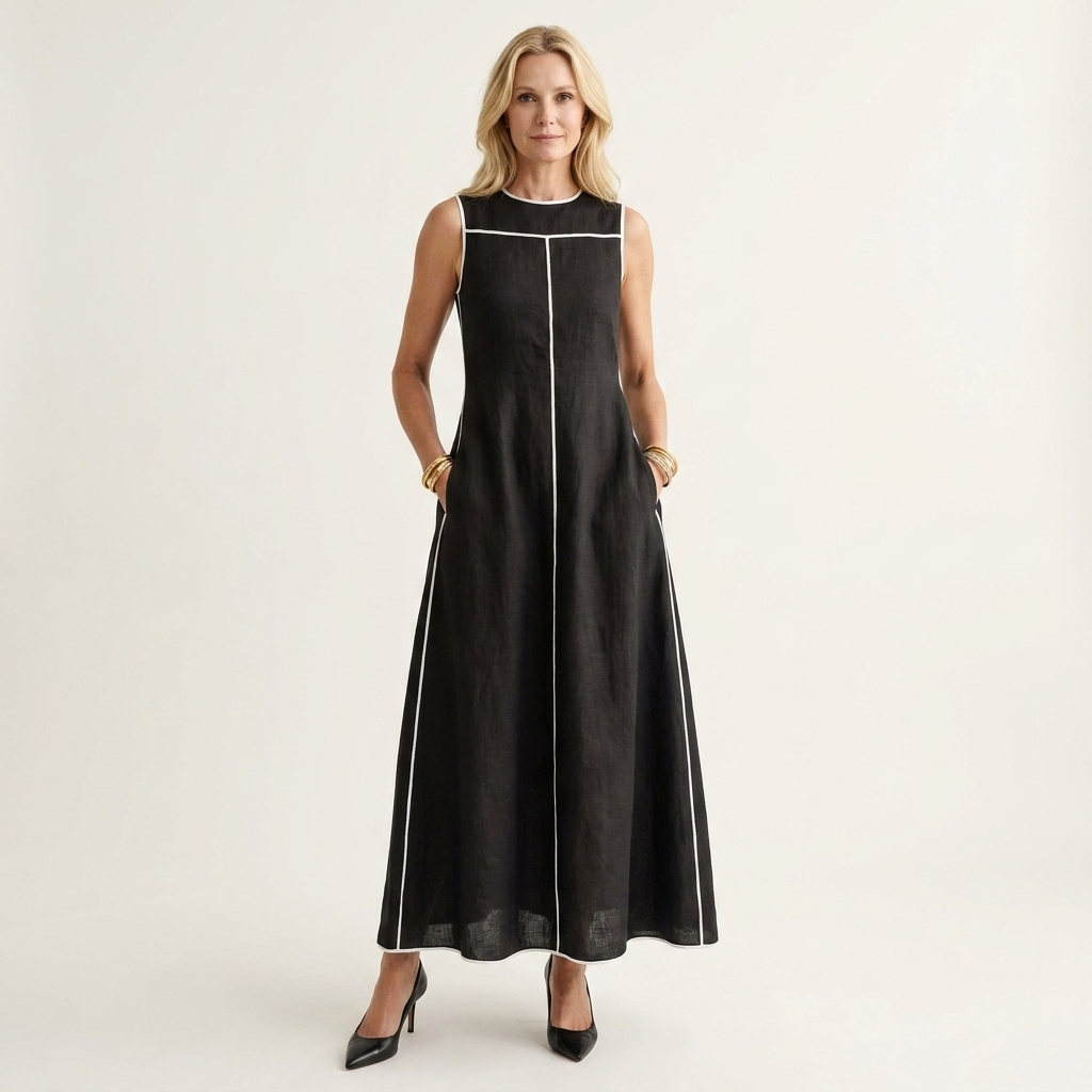 Marry | Round-Neck Sleeveless Contrast-Stitch A-Line Maxi Dress
