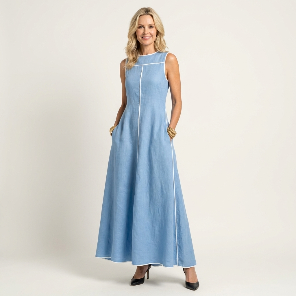 Marry | Round-Neck Sleeveless Contrast-Stitch A-Line Maxi Dress