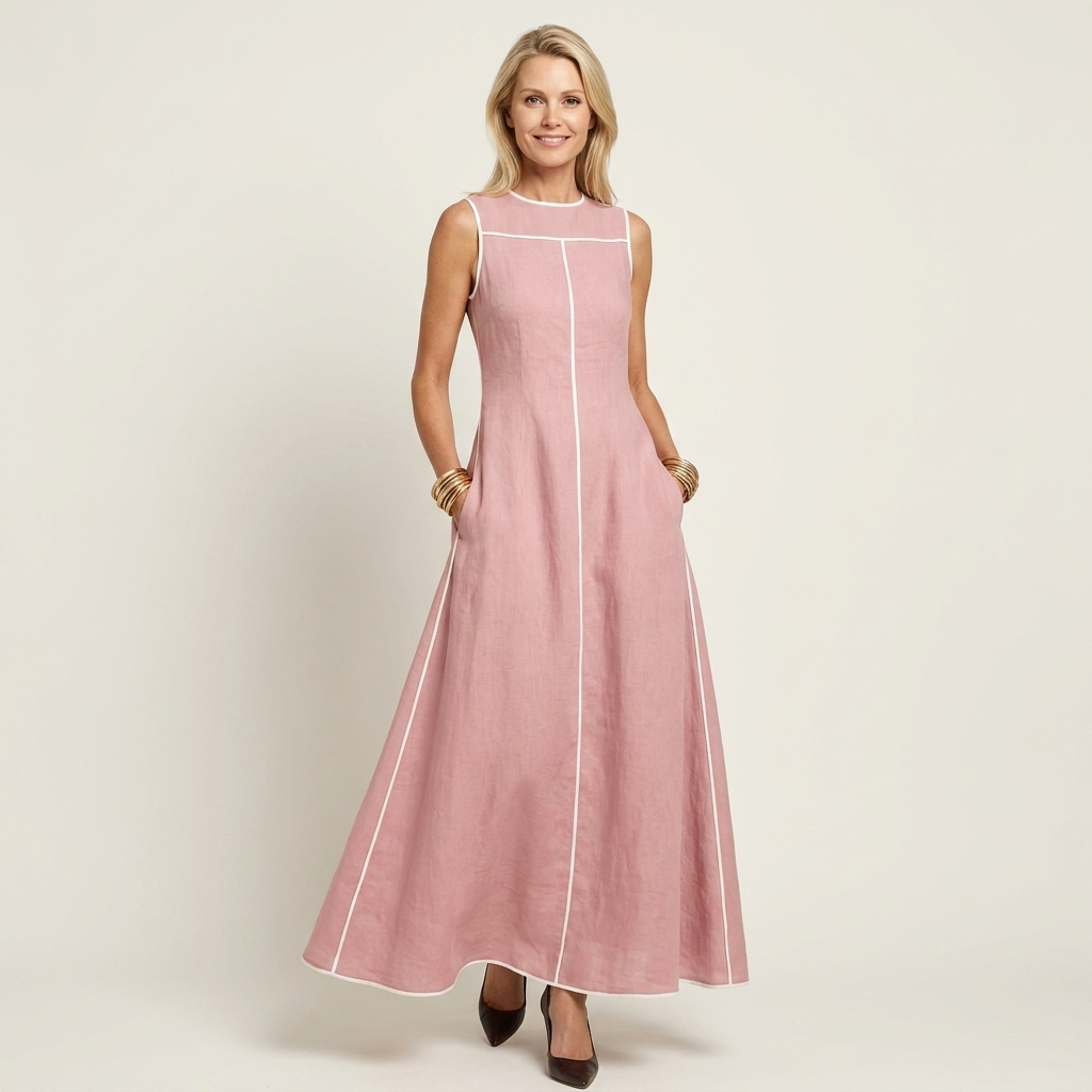 Marry | Round-Neck Sleeveless Contrast-Stitch A-Line Maxi Dress