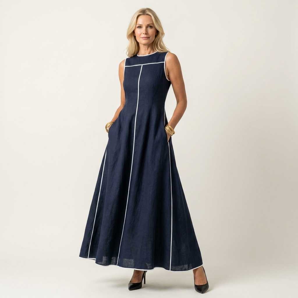 Marry | Round-Neck Sleeveless Contrast-Stitch A-Line Maxi Dress