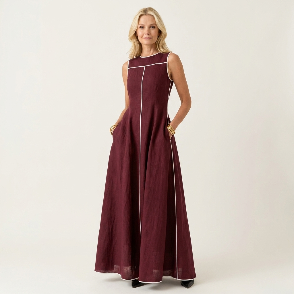Marry | Round-Neck Sleeveless Contrast-Stitch A-Line Maxi Dress