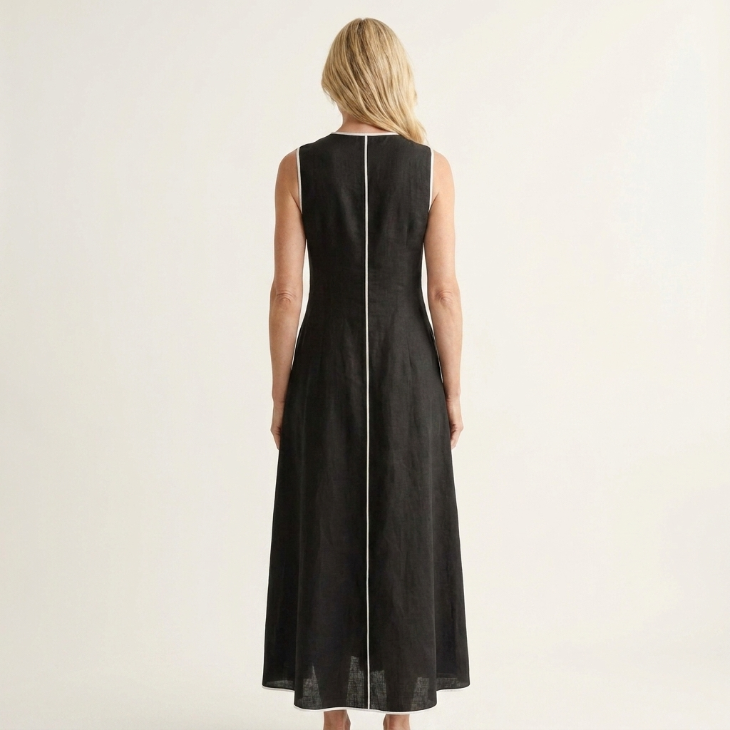 Marry | Round-Neck Sleeveless Contrast-Stitch A-Line Maxi Dress