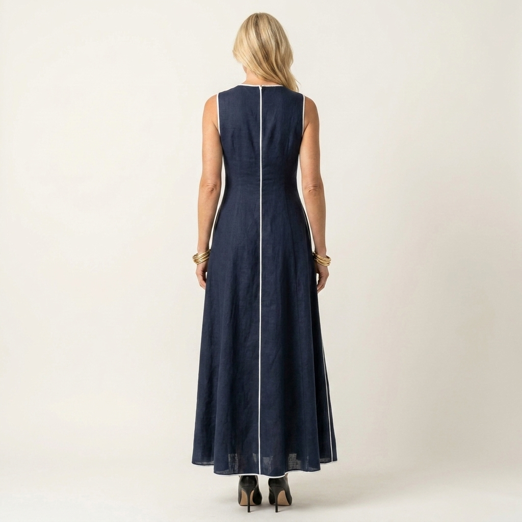 Marry | Round-Neck Sleeveless Contrast-Stitch A-Line Maxi Dress