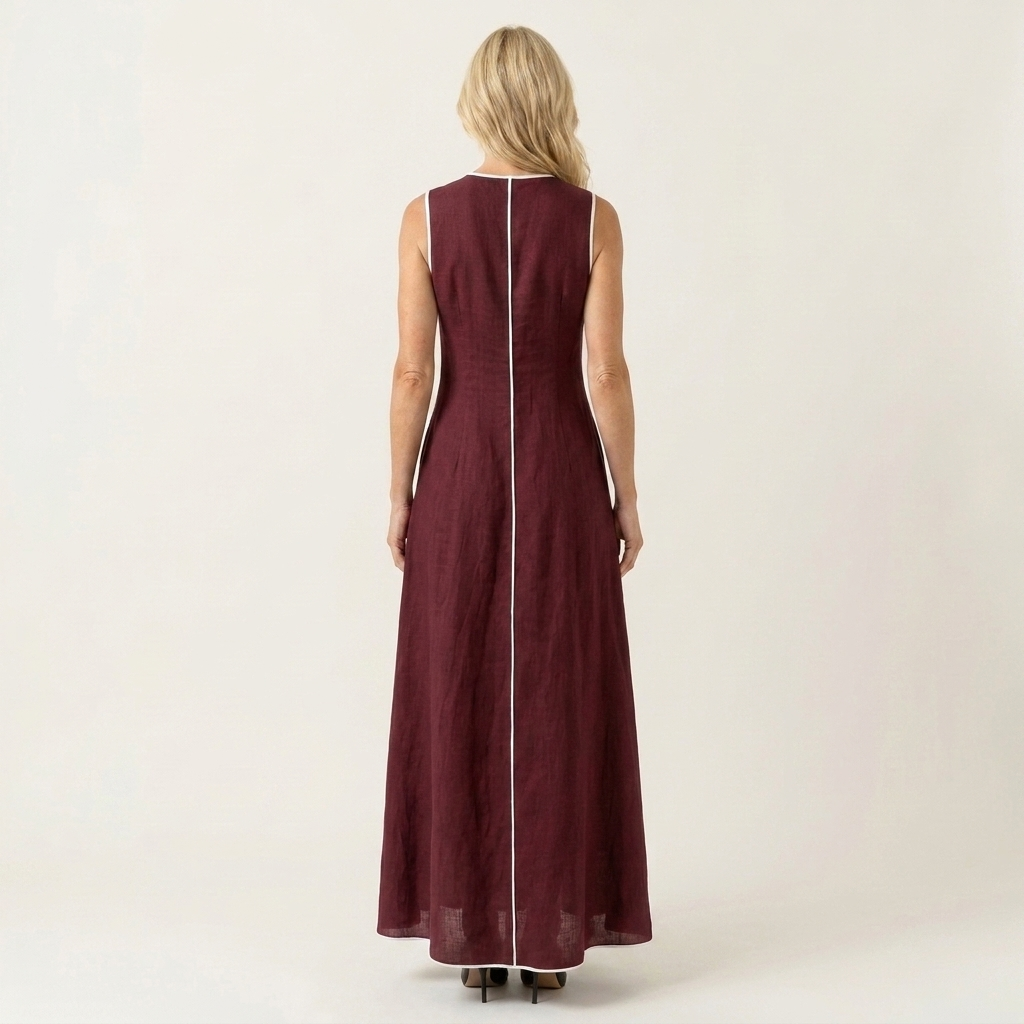 Marry | Round-Neck Sleeveless Contrast-Stitch A-Line Maxi Dress