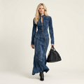 Dora | Stand-Collar Long-Sleeve Multi-Zip Fitted Faux Suede Maxi Dress
