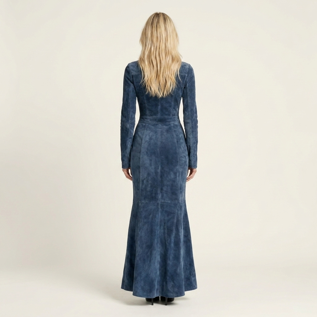 Dora | Stand-Collar Long-Sleeve Multi-Zip Fitted Faux Suede Maxi Dress