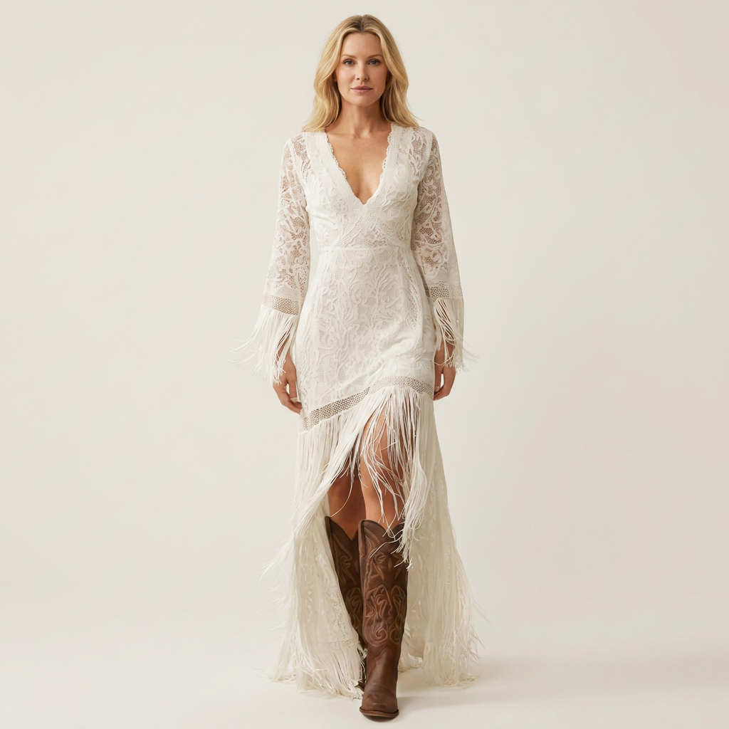 Dorothee | Deep V-Neck Long-Sleeve Lace Fringe-Hem Maxi Dress