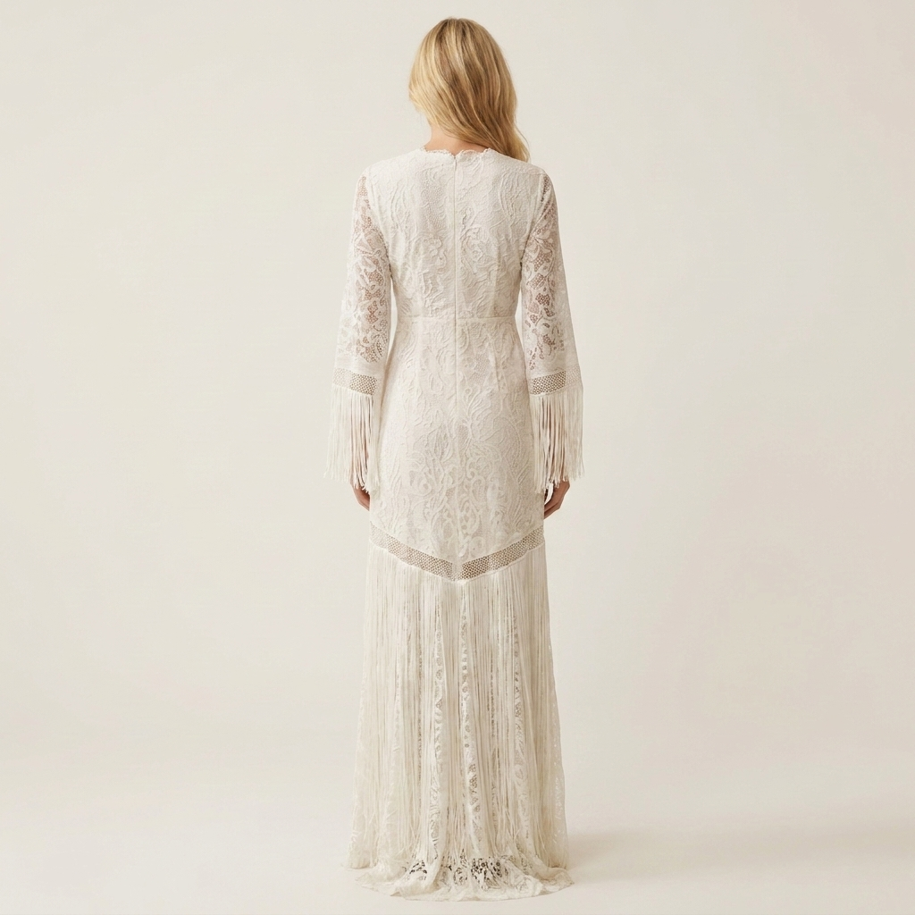 Dorothee | Deep V-Neck Long-Sleeve Lace Fringe-Hem Maxi Dress