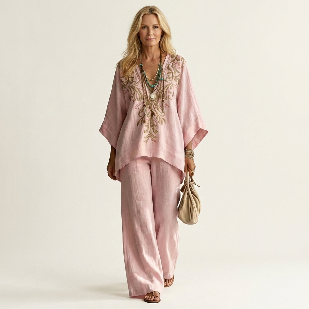 Nadine | Deep V-Neck Embroidered Batwing Blouse & Wide-Leg Pants Two-Piece Set
