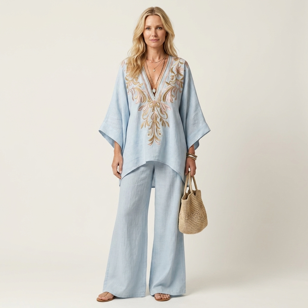 Nadine | Deep V-Neck Embroidered Batwing Blouse & Wide-Leg Pants Two-Piece Set