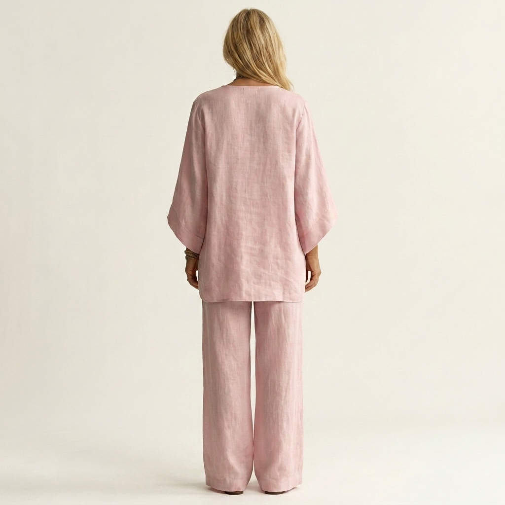 Nadine | Deep V-Neck Embroidered Batwing Blouse & Wide-Leg Pants Two-Piece Set