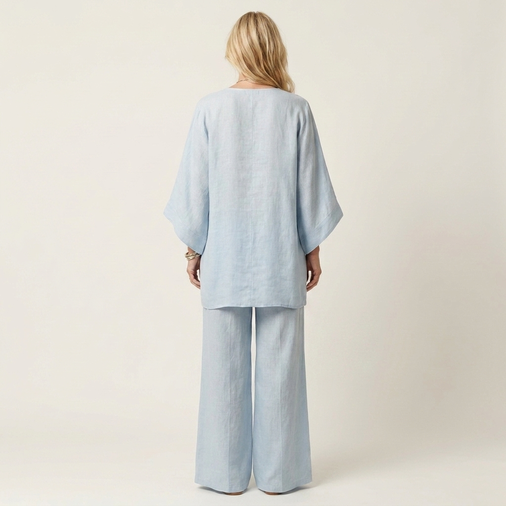 Nadine | Deep V-Neck Embroidered Batwing Blouse & Wide-Leg Pants Two-Piece Set