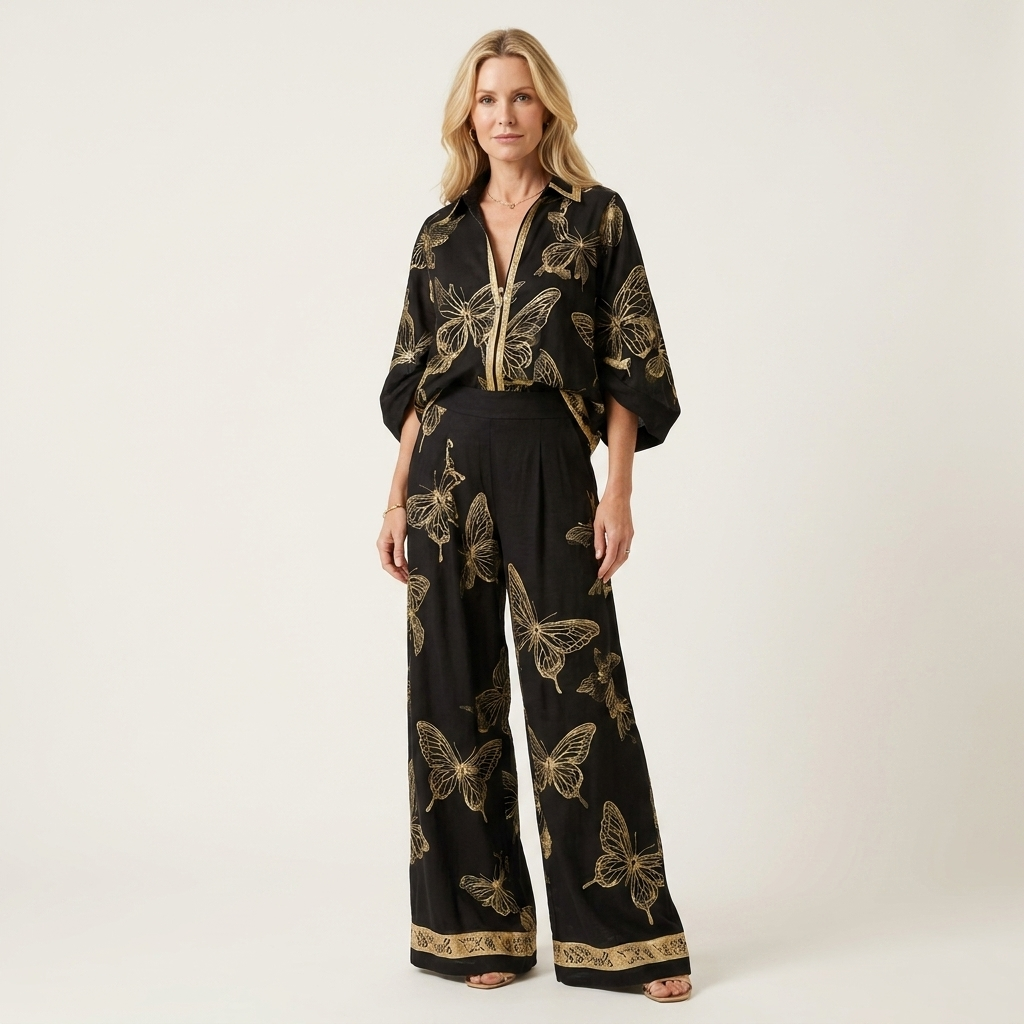 Emiliana | Butterfly Print Zip-Front Stand-Collar Top & Wide-Leg Pants Two-Piece Set