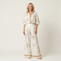 Emiliana | Butterfly Print Zip-Front Stand-Collar Top & Wide-Leg Pants Two-Piece Set