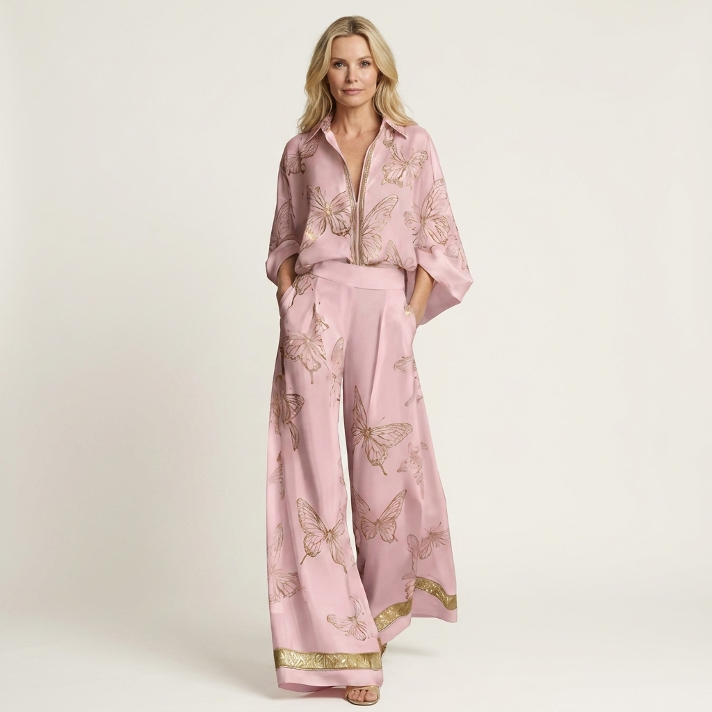 Emiliana | Butterfly Print Zip-Front Stand-Collar Top & Wide-Leg Pants Two-Piece Set