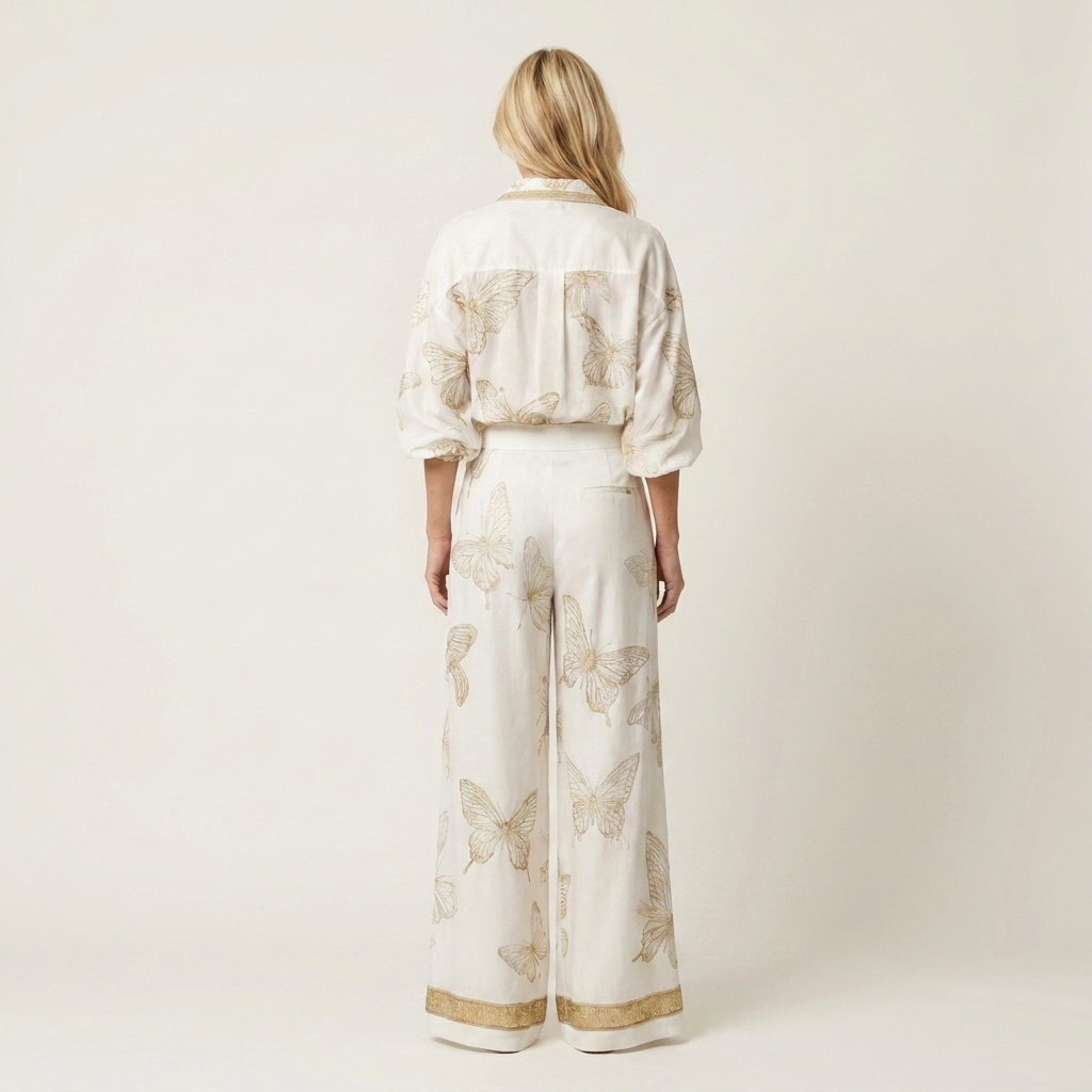 Emiliana | Butterfly Print Zip-Front Stand-Collar Top & Wide-Leg Pants Two-Piece Set
