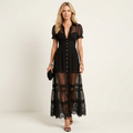 Christin | Collared Short-Sleeve Button-Front Sheer Lace Maxi Dress