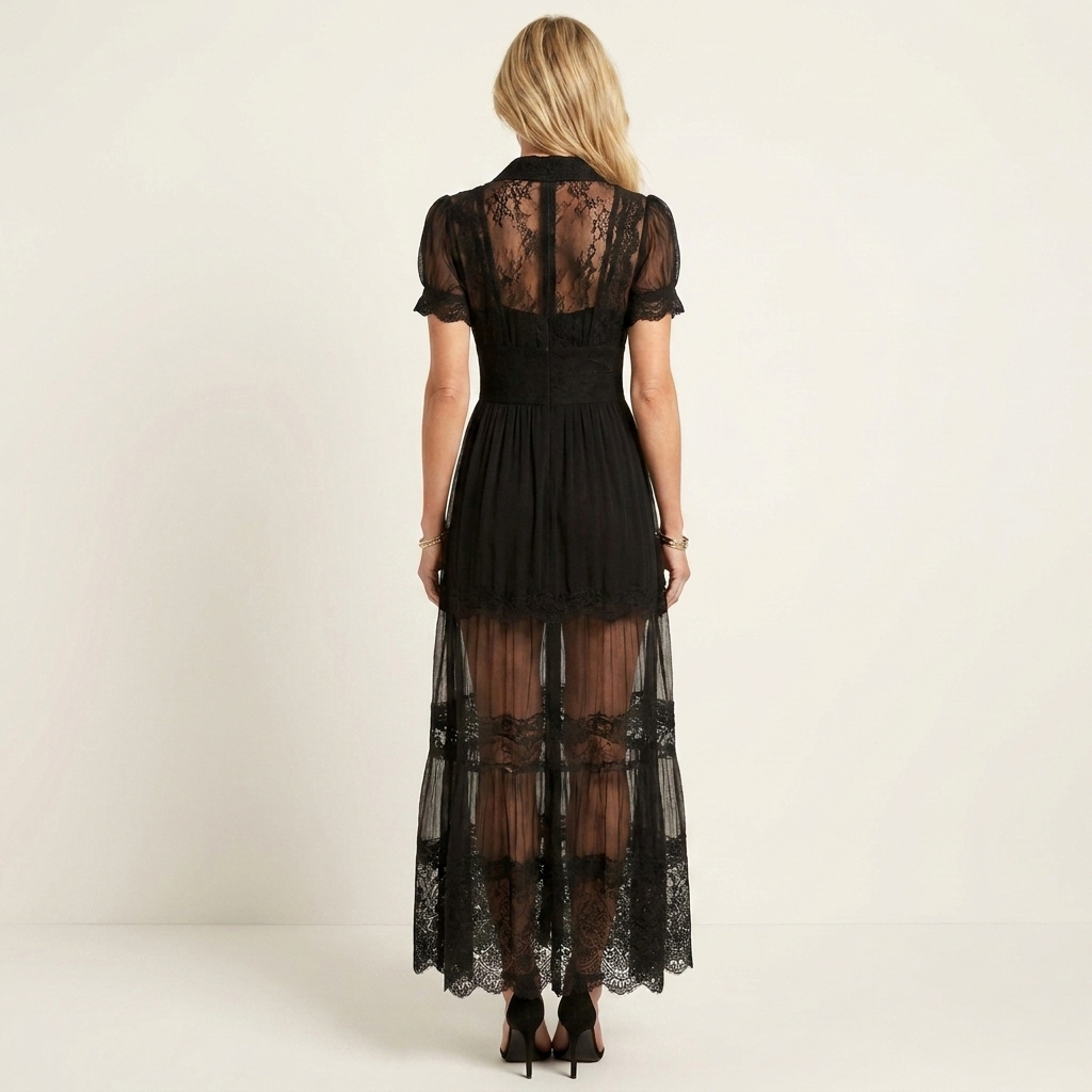 Christin | Collared Short-Sleeve Button-Front Sheer Lace Maxi Dress