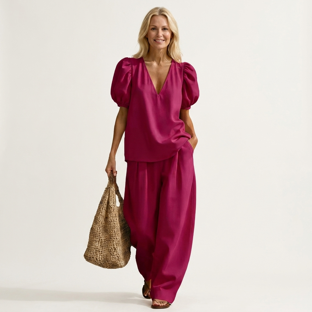 Kim | Deep V-Neck Puff-Sleeve Top & High-Waist Wide-Leg Pants Two-Piece Set