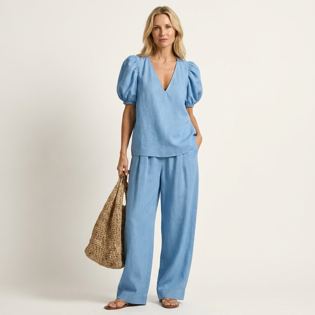 Kim | Deep V-Neck Puff-Sleeve Top & High-Waist Wide-Leg Pants Two-Piece Set