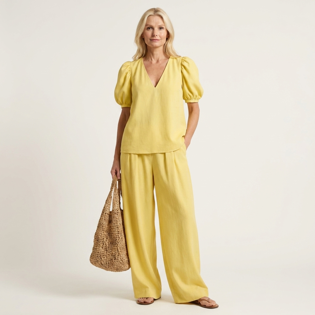 Kim | Deep V-Neck Puff-Sleeve Top & High-Waist Wide-Leg Pants Two-Piece Set