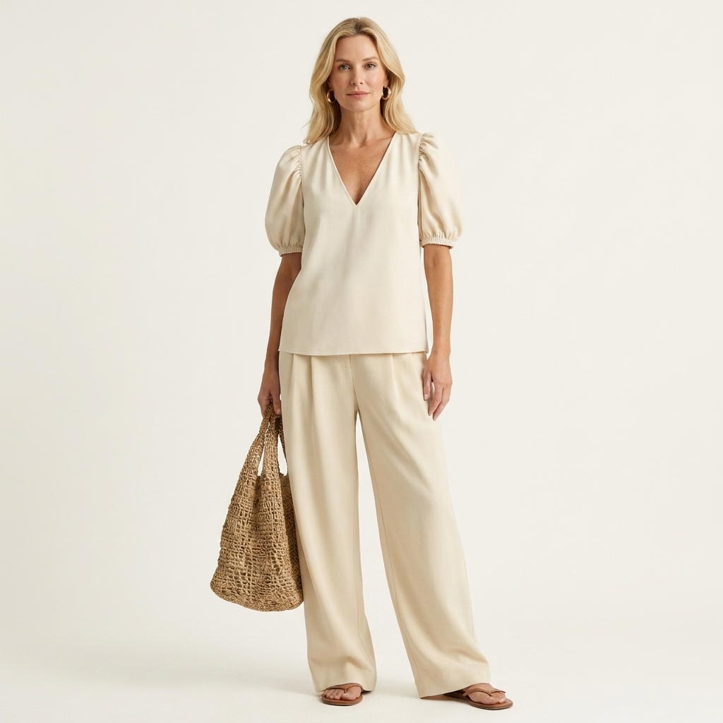 Kim | Deep V-Neck Puff-Sleeve Top & High-Waist Wide-Leg Pants Two-Piece Set