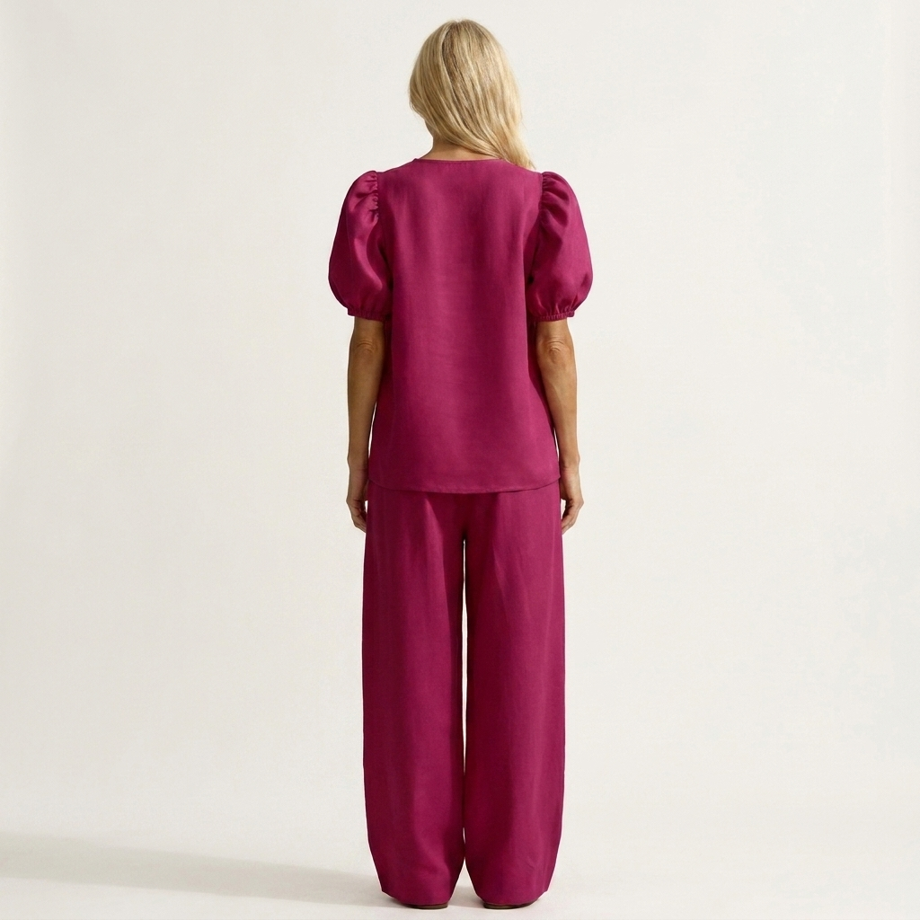 Kim | Deep V-Neck Puff-Sleeve Top & High-Waist Wide-Leg Pants Two-Piece Set