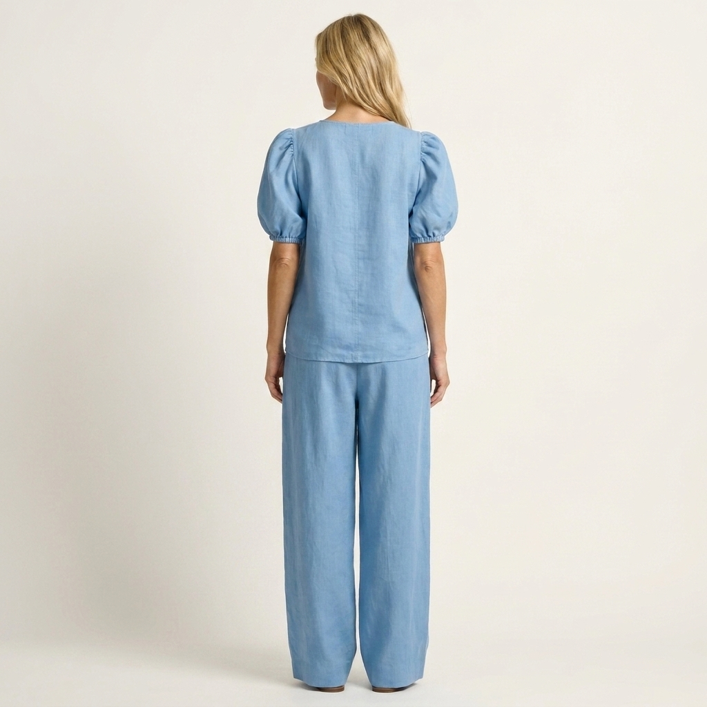 Kim | Deep V-Neck Puff-Sleeve Top & High-Waist Wide-Leg Pants Two-Piece Set