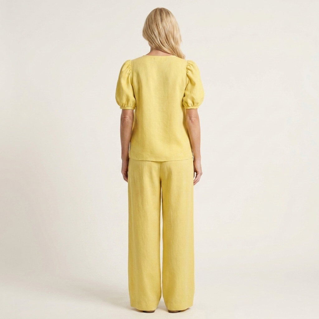 Kim | Deep V-Neck Puff-Sleeve Top & High-Waist Wide-Leg Pants Two-Piece Set