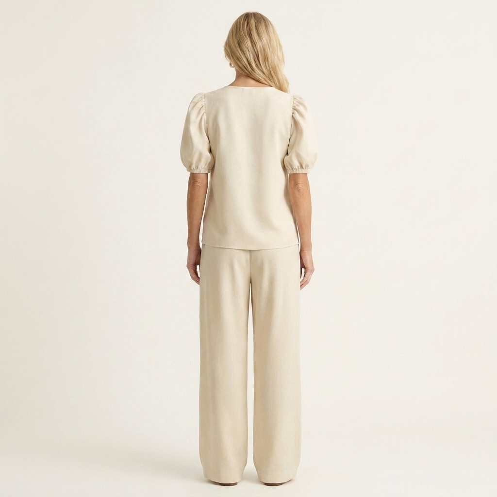 Kim | Deep V-Neck Puff-Sleeve Top & High-Waist Wide-Leg Pants Two-Piece Set