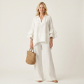 Fabienne | Collared V-Neck Double Ruffle-Sleeve Blouse & Wide-Leg Pants Two-Piece Set