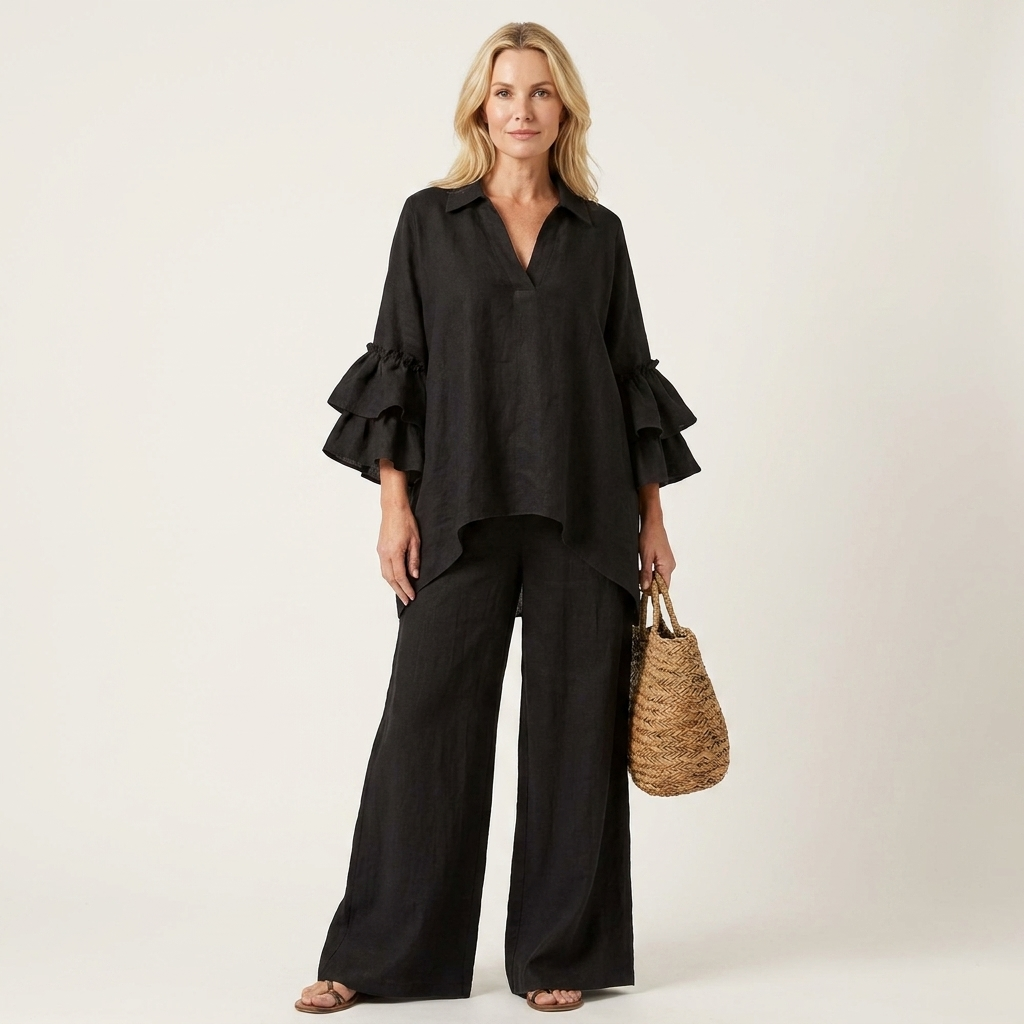 Fabienne | Collared V-Neck Double Ruffle-Sleeve Blouse & Wide-Leg Pants Two-Piece Set