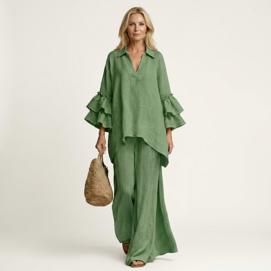 Fabienne | Collared V-Neck Double Ruffle-Sleeve Blouse & Wide-Leg Pants Two-Piece Set