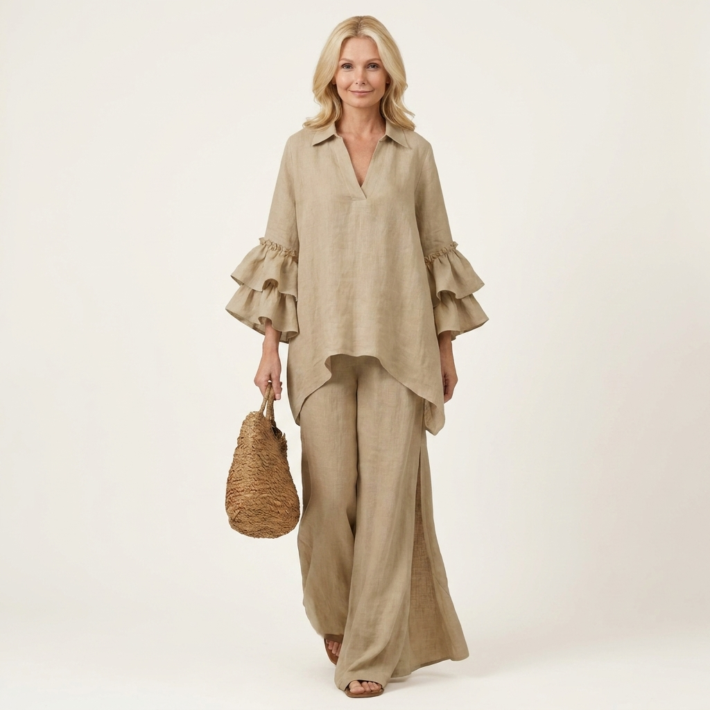 Fabienne | Collared V-Neck Double Ruffle-Sleeve Blouse & Wide-Leg Pants Two-Piece Set