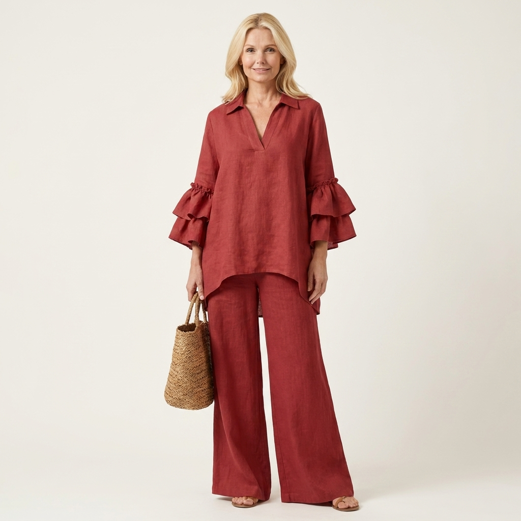 Fabienne | Collared V-Neck Double Ruffle-Sleeve Blouse & Wide-Leg Pants Two-Piece Set