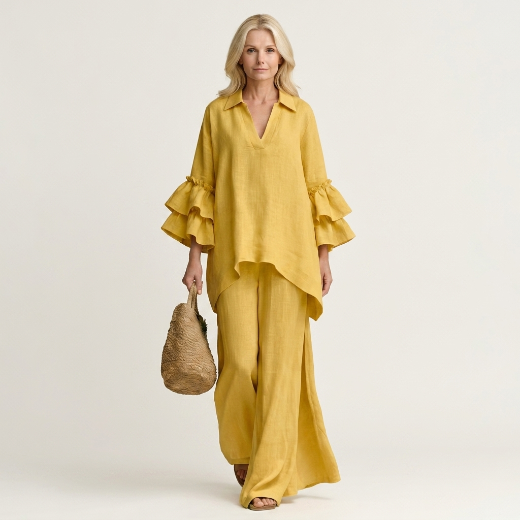 Fabienne | Collared V-Neck Double Ruffle-Sleeve Blouse & Wide-Leg Pants Two-Piece Set
