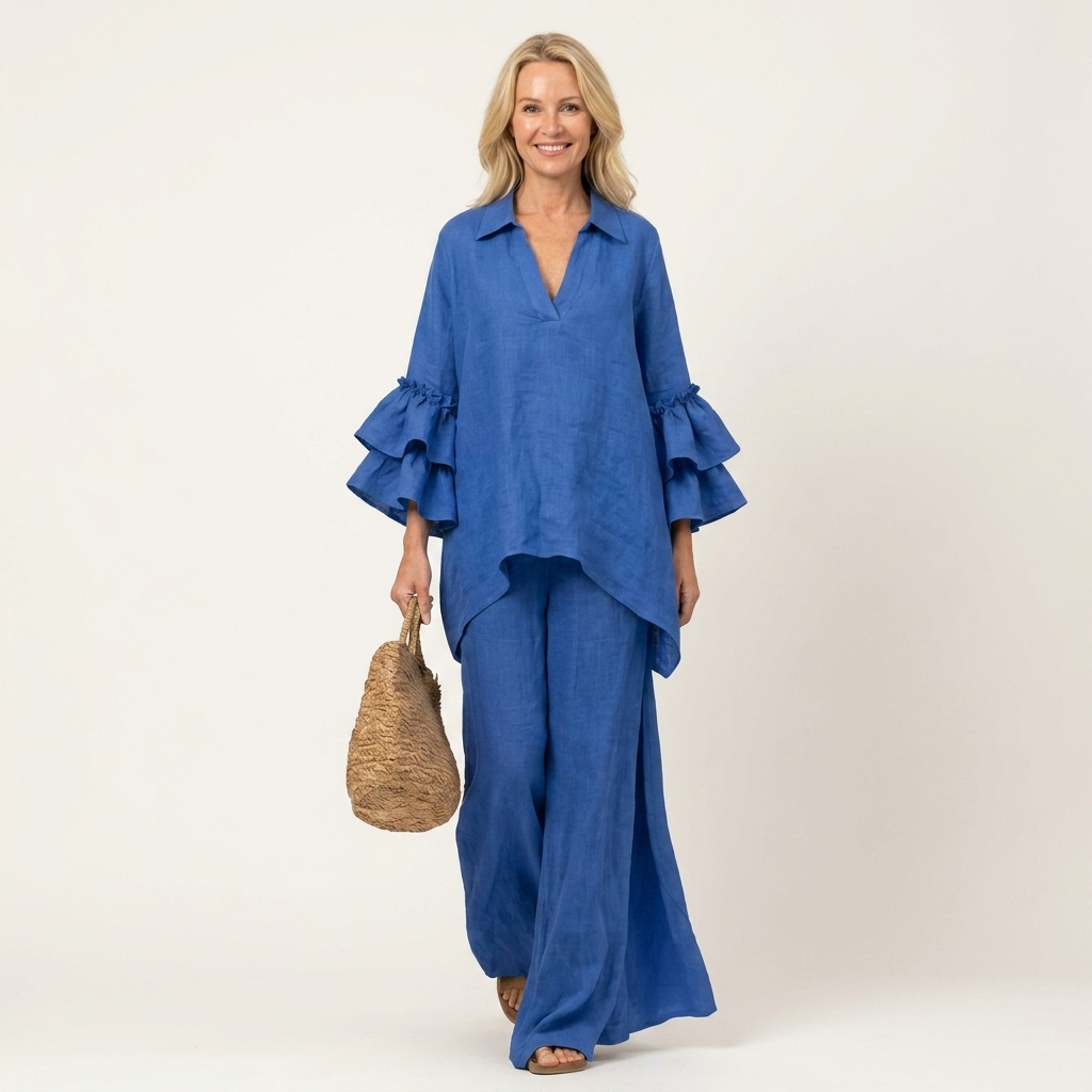 Fabienne | Collared V-Neck Double Ruffle-Sleeve Blouse & Wide-Leg Pants Two-Piece Set