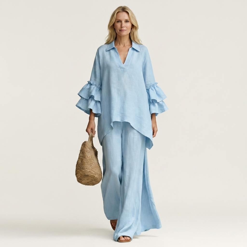 Fabienne | Collared V-Neck Double Ruffle-Sleeve Blouse & Wide-Leg Pants Two-Piece Set
