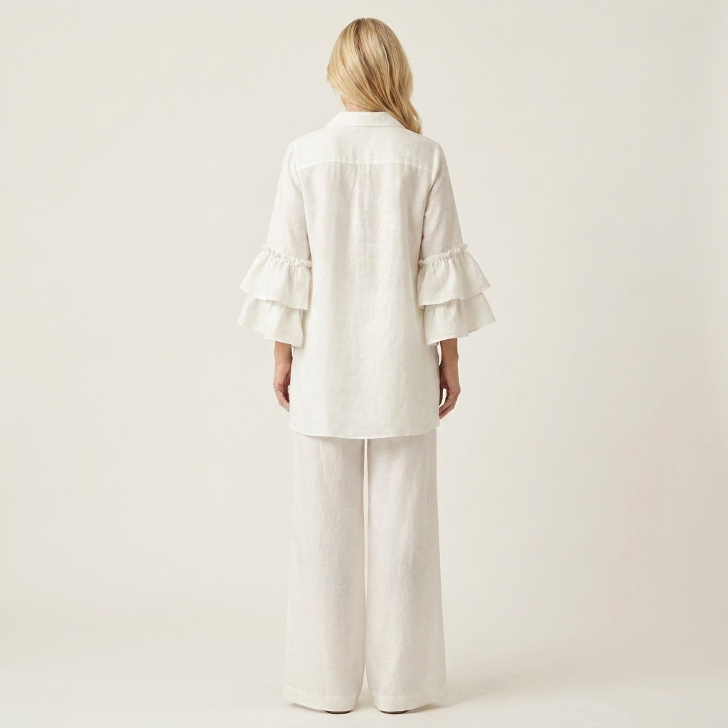 Fabienne | Collared V-Neck Double Ruffle-Sleeve Blouse & Wide-Leg Pants Two-Piece Set