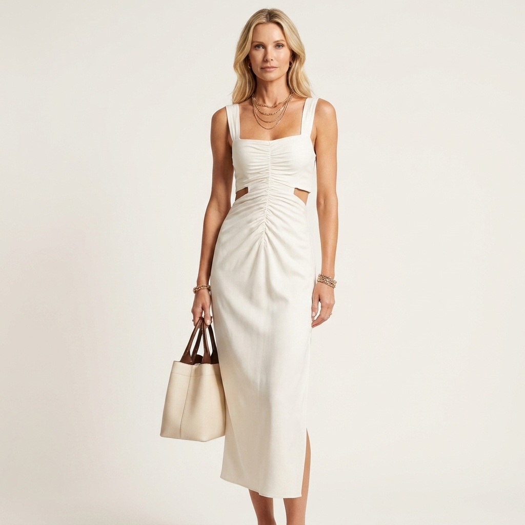 Belicia | Square-Neck Ruched Cut-Out Side-Slit Midi Dress
