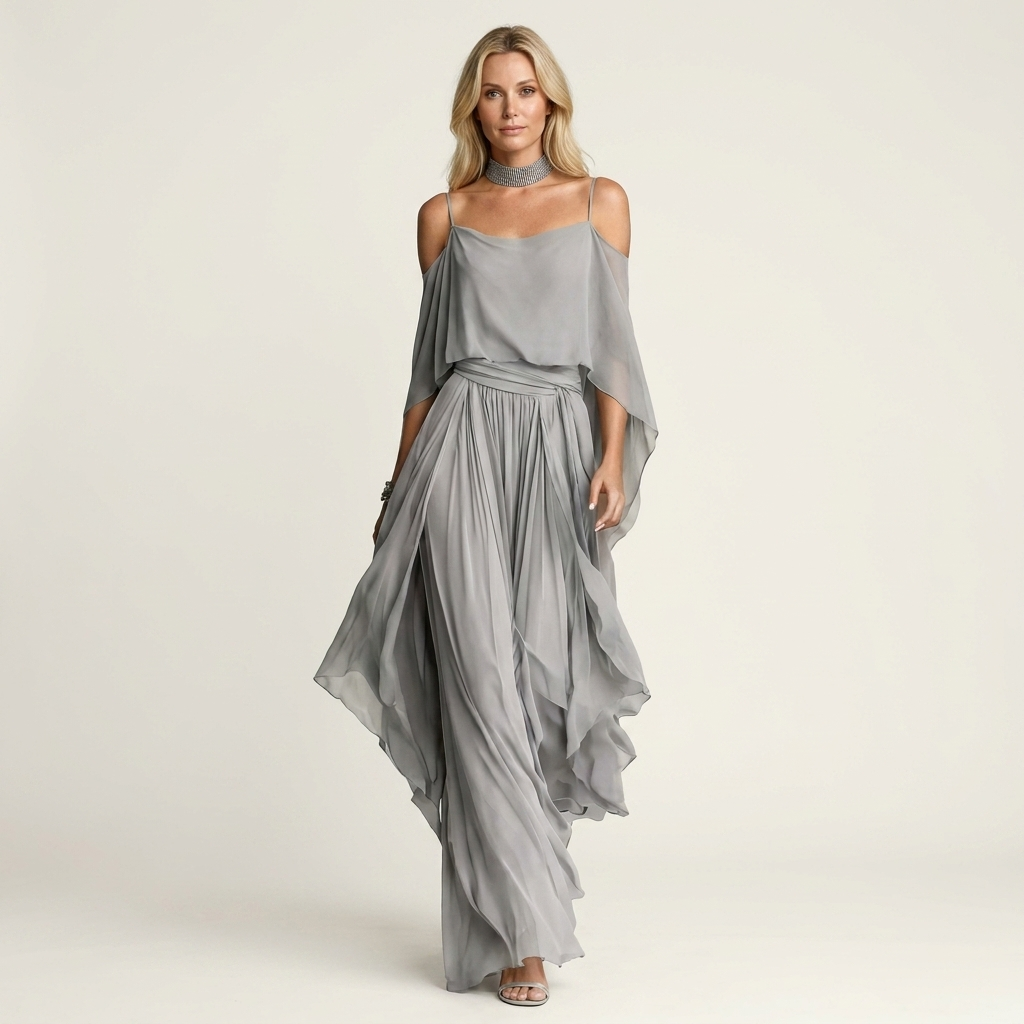 Shelly | Cold-Shoulder Batwing Chiffon Maxi Dress