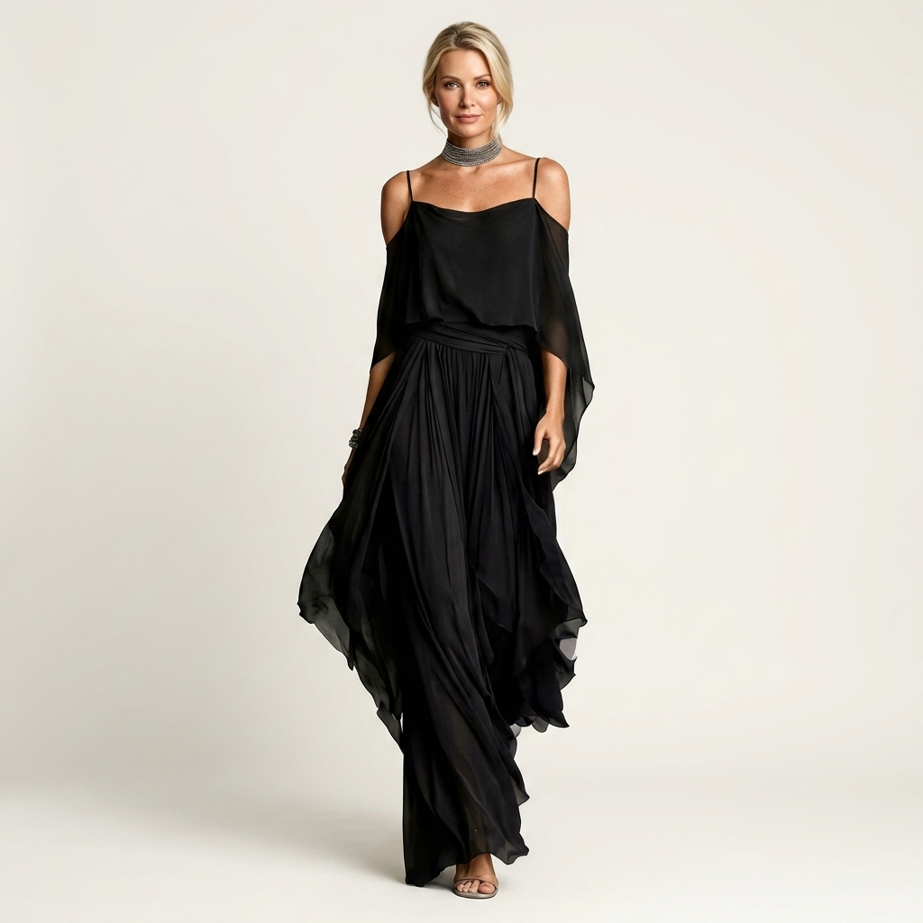 Shelly | Cold-Shoulder Batwing Chiffon Maxi Dress
