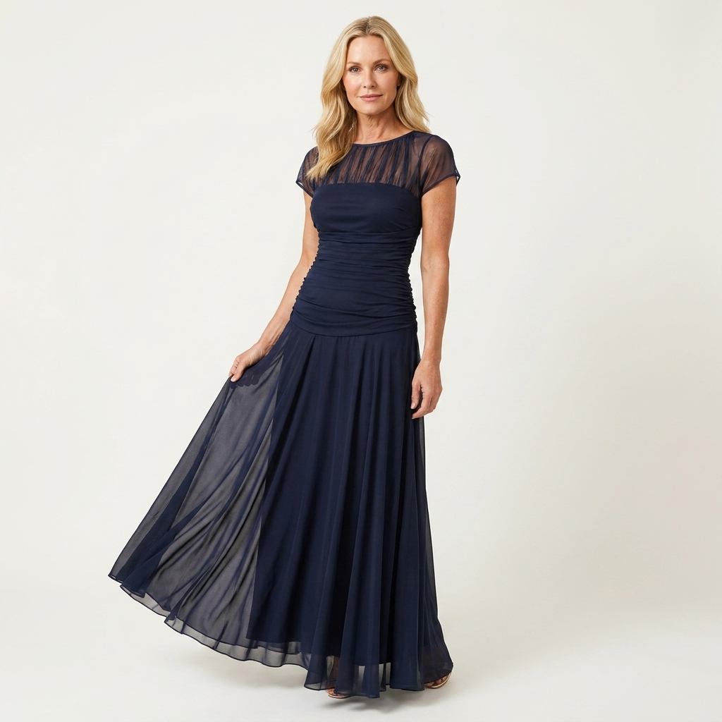 Lorenzia | Mesh-Yoke Ruched Chiffon Maxi Dress