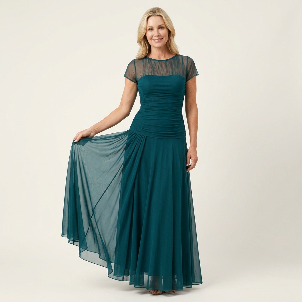 Lorenzia | Mesh-Yoke Ruched Chiffon Maxi Dress